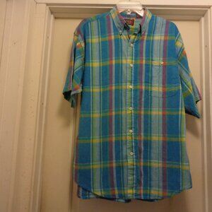 BLUES PLAIDS PREPPY MENS CAMBRIDGE CLASSICS COTTON SHORT SL SHIRT L